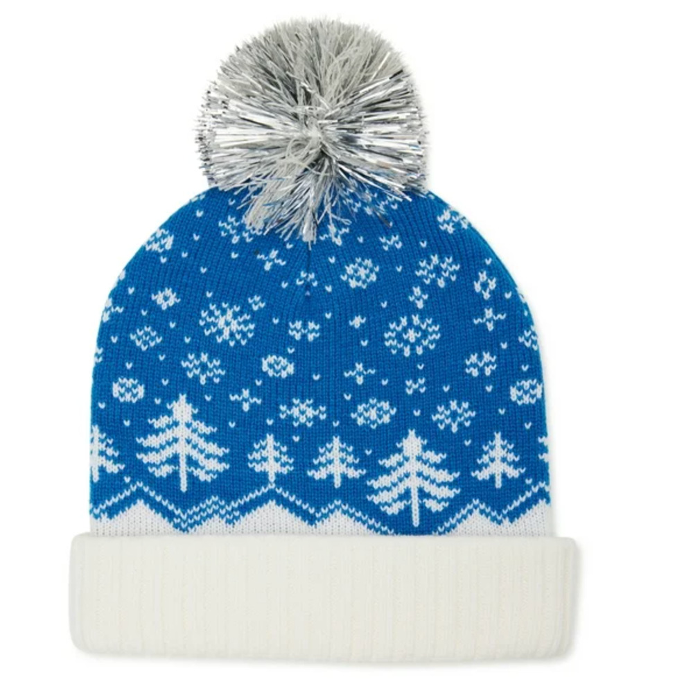 Holiday Time Women's Snowflake Tree Pom Pom Beanie Hat Blue NWT